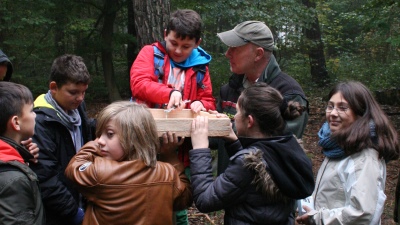 Schülerinnen und Schüler beim Aufstellen der Hähertische